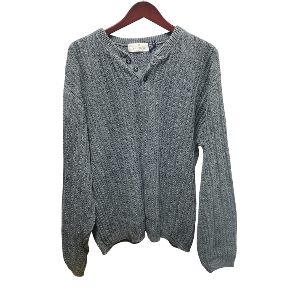 Vintage 90s BILL BLASS Henley Sweater XL Grey Textured Knit Minimalist Dad
